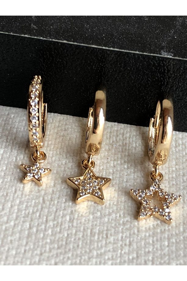 Kadın Zirkon Taş Üçlü Yıldız Model Gold Küpe Seti - 3