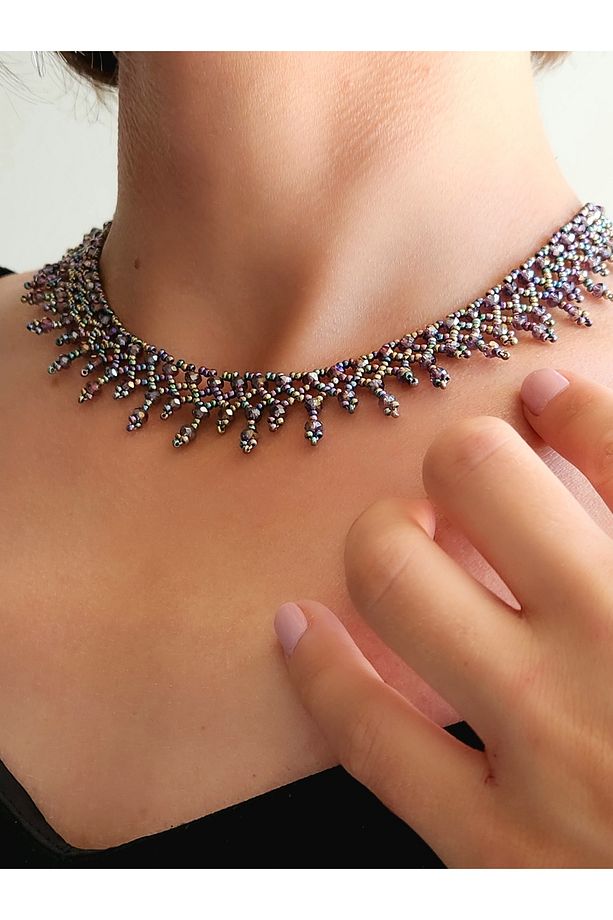 Etnik Bohem Mor Pembe Rengarenk Salkım Model Kum Kristal Boncuk Kolye El Yapımı - 3