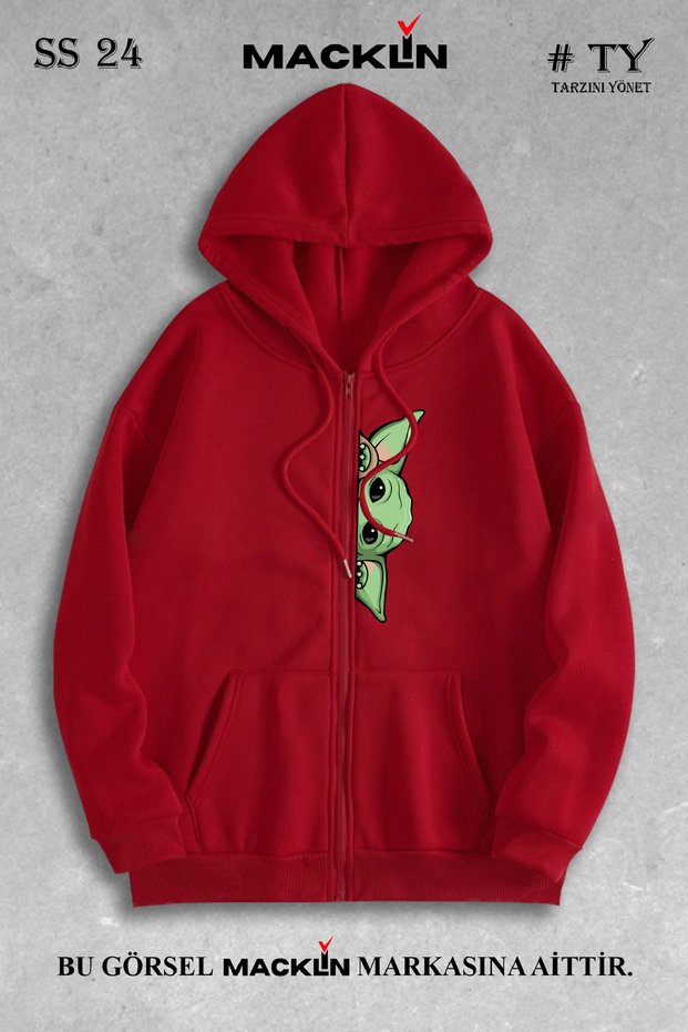 Unisex Women's Men's Hooded Baby Yoda Printed Zippered Sweatshirt Fleece Jacket