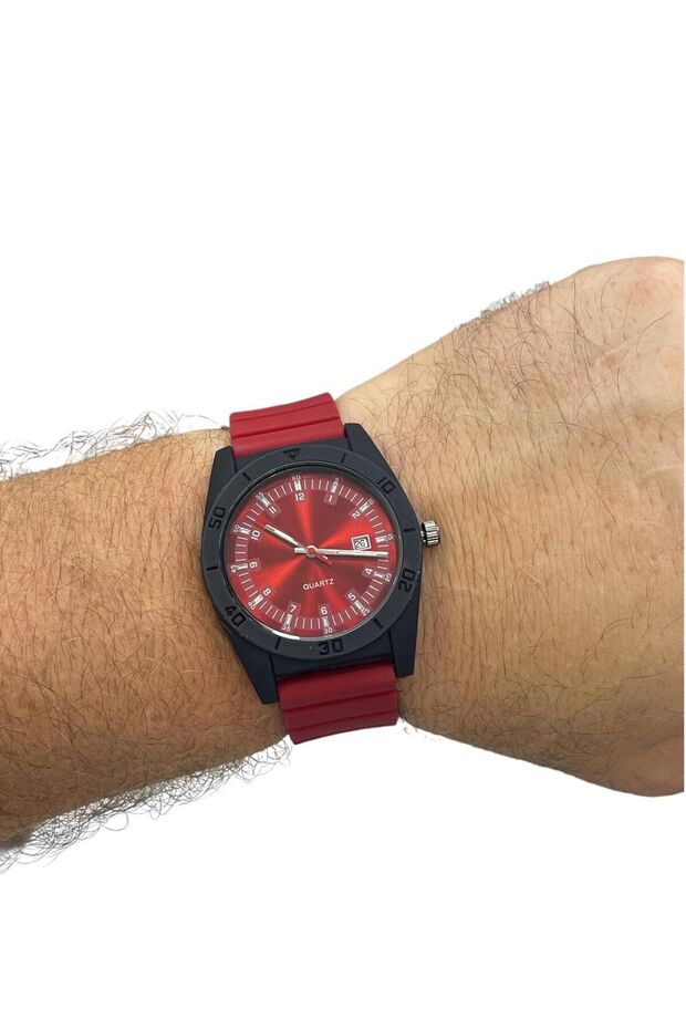Men's Watch Silicone Band - Red Color Silicone Band - Round Large Case