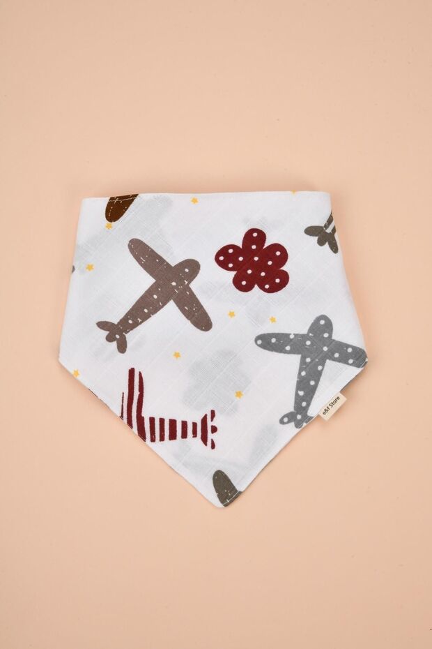 Organic Certified Double Layer Muslin Fabric - Baby Drool Bib / Scarf with Two Snaps - Airplane Pattern