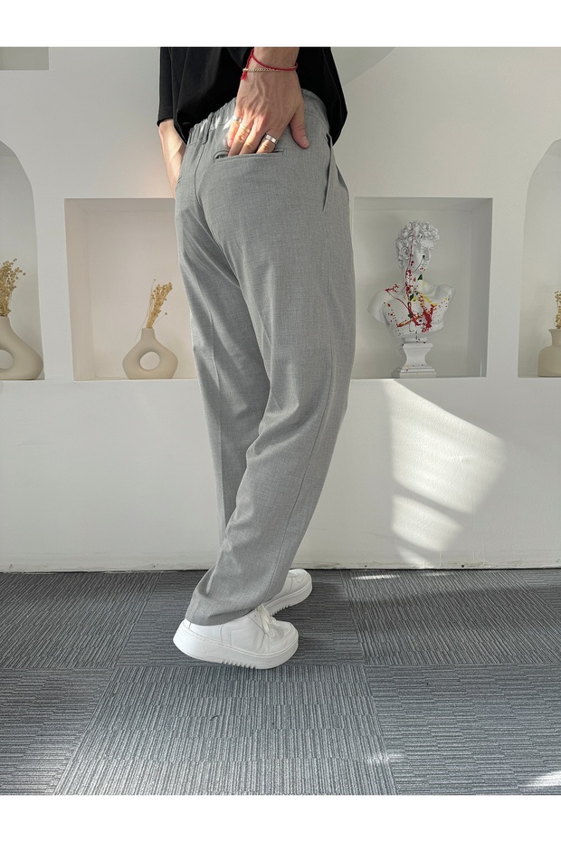 Açık Gri Baggy Pileli Kumaş Pantolon - 5