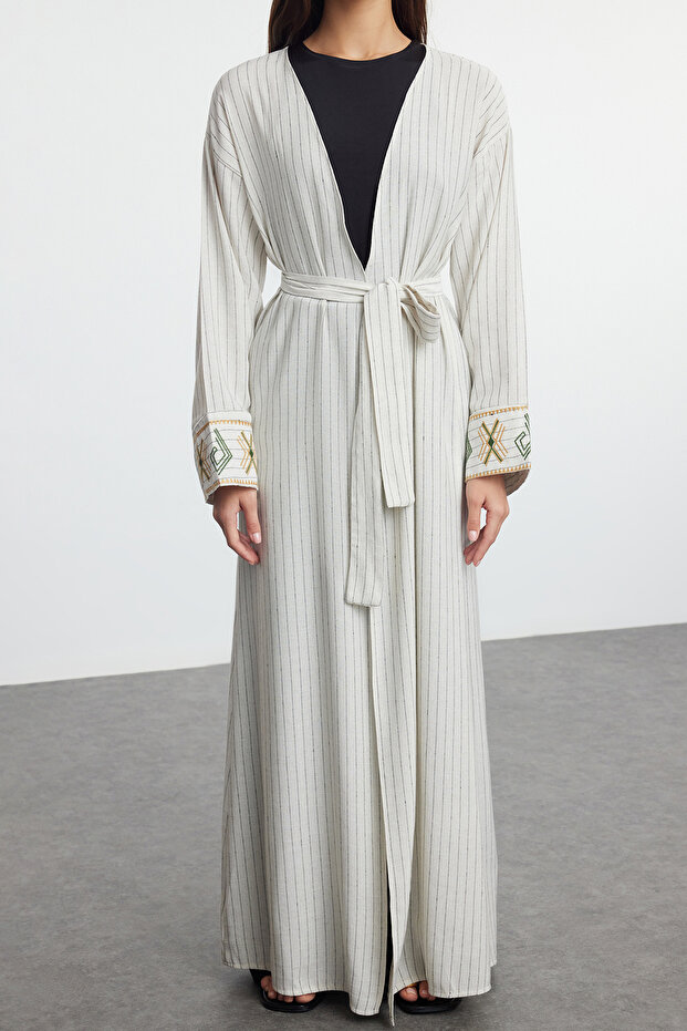 Bej Keten Görünümlü Nakışlı Dokuma Kimono & Kaftan & Abaya TCTSS24KF00051 - 3