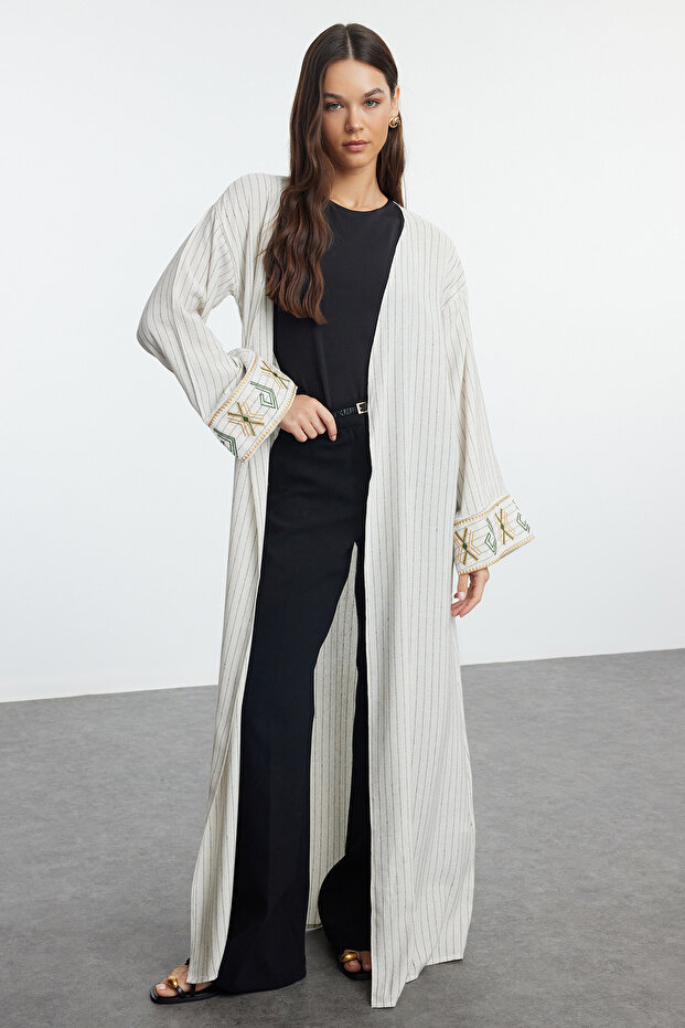 Bej Keten Görünümlü Nakışlı Dokuma Kimono & Kaftan & Abaya TCTSS24KF00051 - 2
