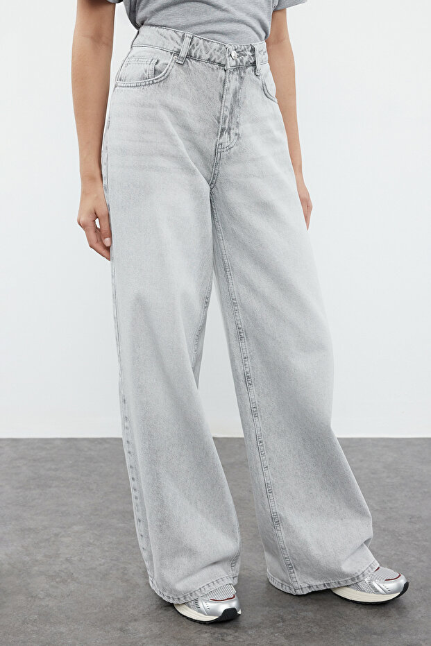 Gri Yüksek Bel Ekstra Geniş Paça Wide Leg Palazzo Geniş Paça %100 Pamuk Jeans TWOAW25JE00102 - 3