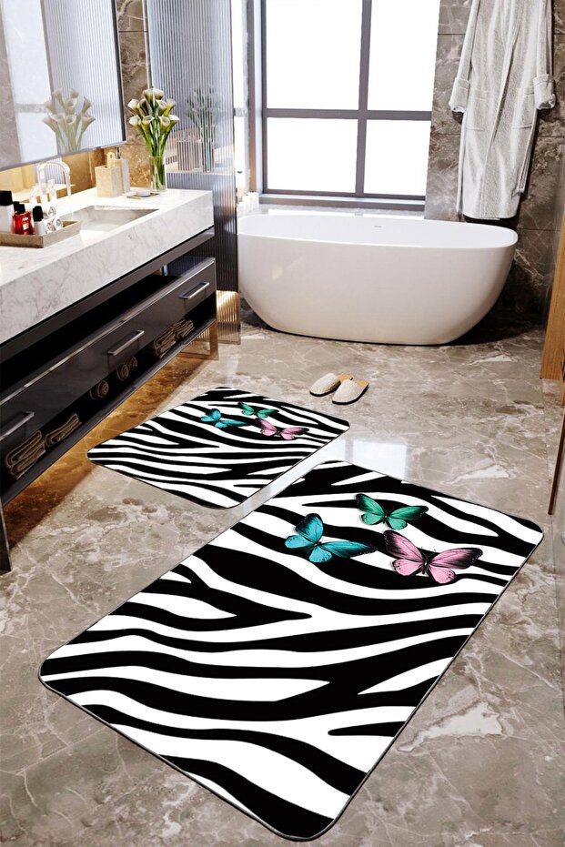 Zebra Patterned 2-Piece Large Size Bath Mat Set - 1