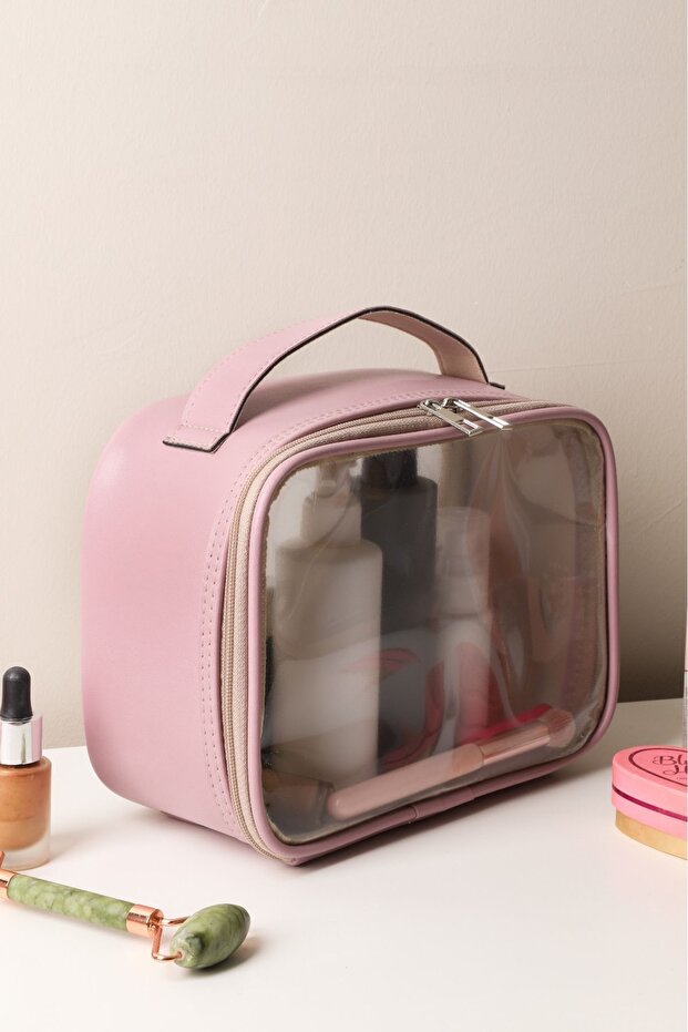 Women's Lilac Leather Transparent Cosmetic Bag Travel Makeup Bag