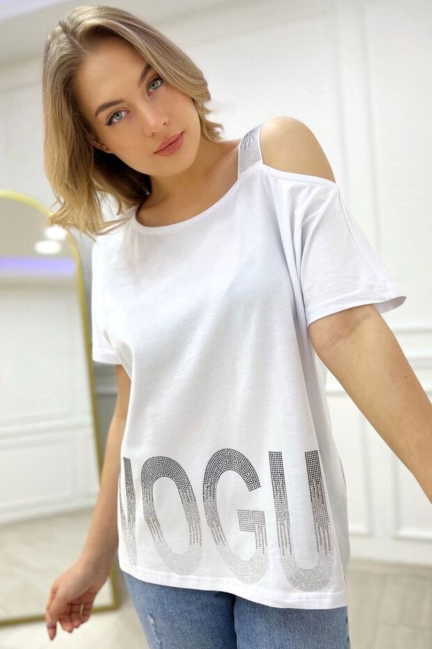 Loose Cut Plus Size One-Shoulder Open Strap Crystal Stone Stylish Comfortable White Women's Cotton T-Shirt