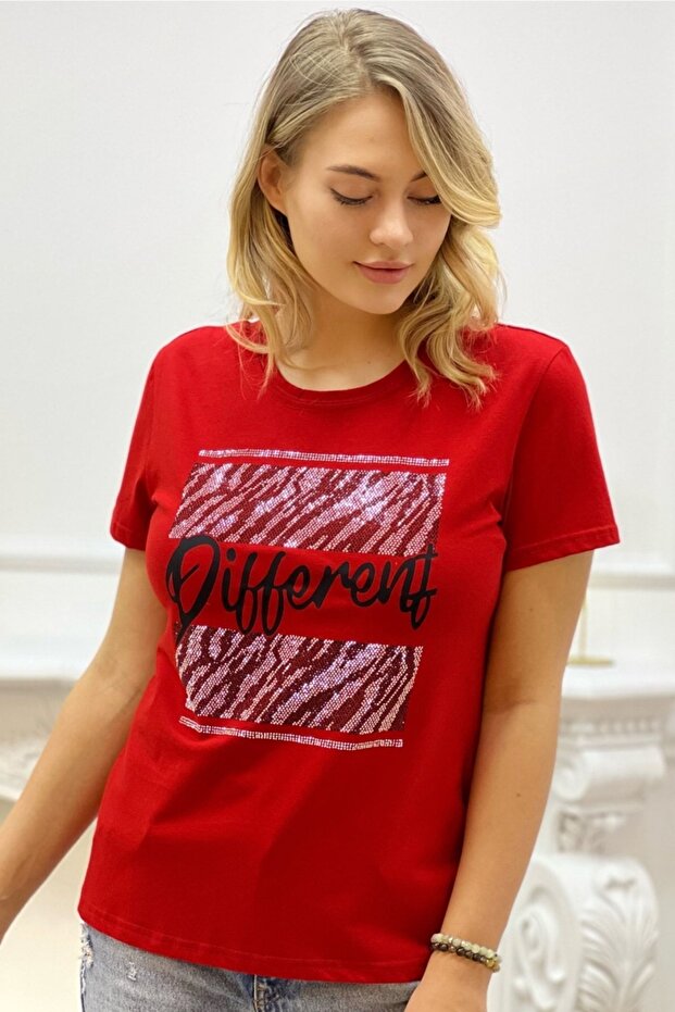 Different Crystal Stone Crew Neck Plus Size Women's T-shirt