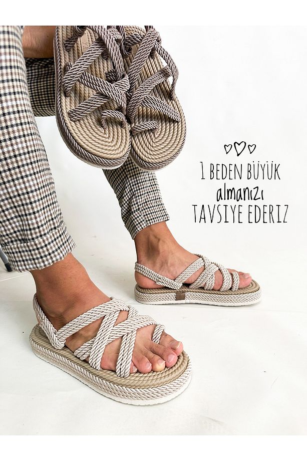 Unisex Hasır Bej Halat Yüksek Taban Sandalet - 1