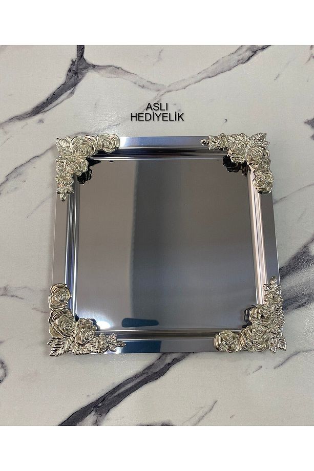 1 Adet Lüx  4 köşesi Gümüş Çicek Gümüş Kare Kaplama Model çay,kahve,ikram servis Sunum Tepsisi 21x21 - 1