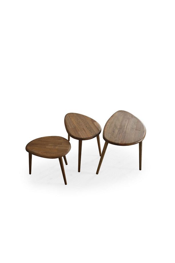 Masif Doğal Ahşap Zigon Sehpa 3'lü Set, Modern Masif Yan Sehpa - 7
