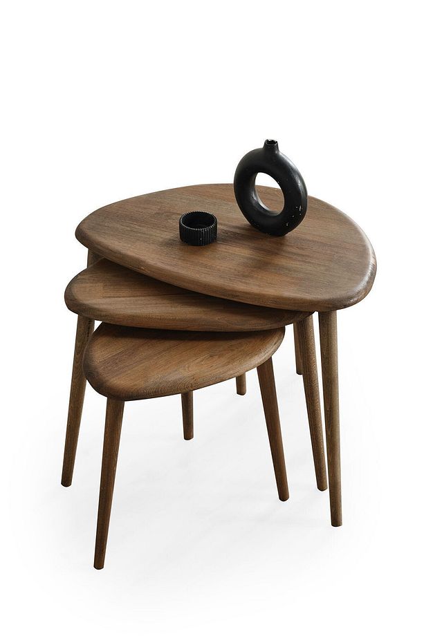Masif Doğal Ahşap Zigon Sehpa 3'lü Set, Modern Masif Yan Sehpa - 1