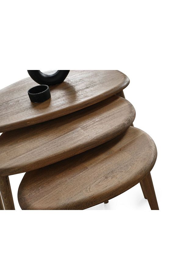 Masif Doğal Ahşap Zigon Sehpa 3'lü Set, Modern Masif Yan Sehpa - 6