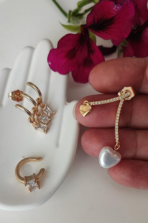 Tasarım Gold Çelik Set ( tek delik çoklu görünümlü küpe-kıkırdak küpe-incili sallantılı Küpe) - 4