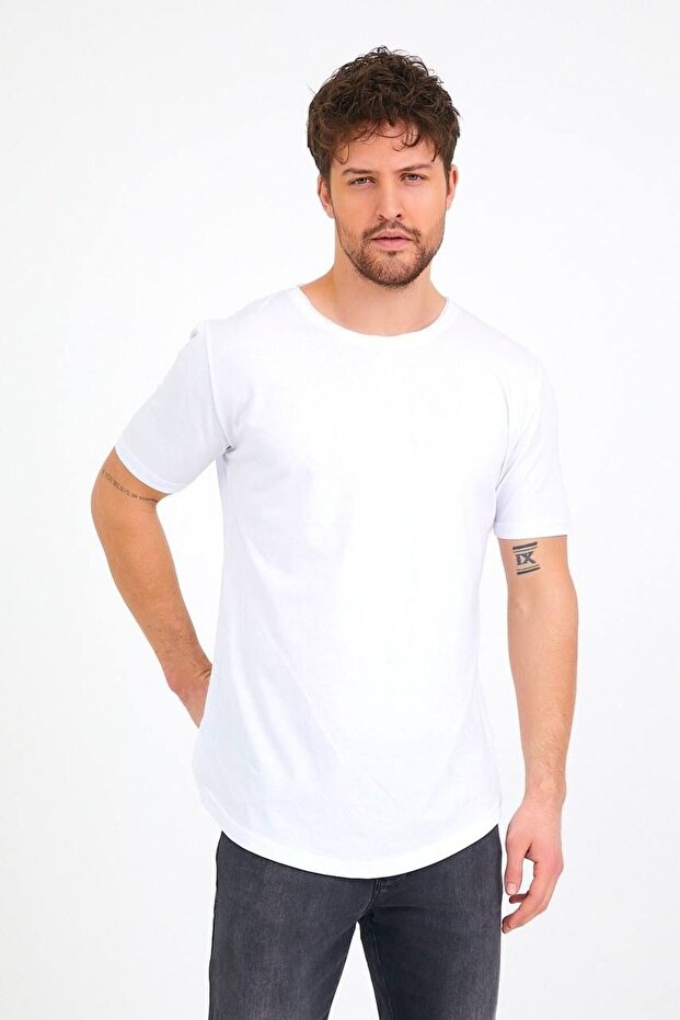 BasicLab %100 Pamuk Basic Yırtmaçlı T-Shirt - Beyaz - 1