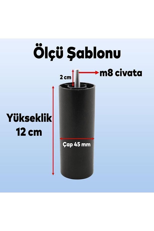 Mobilya Kanepe Koltuk Baza Yükseltme Yükseltici M8 Civatalı Incediş Destek Ayağı Ayakları Siyah 12cm - 3