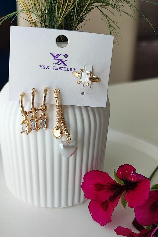 Tasarım Gold Çelik Set ( tek delik çoklu görünümlü küpe-kıkırdak küpe-incili sallantılı Küpe) - 1