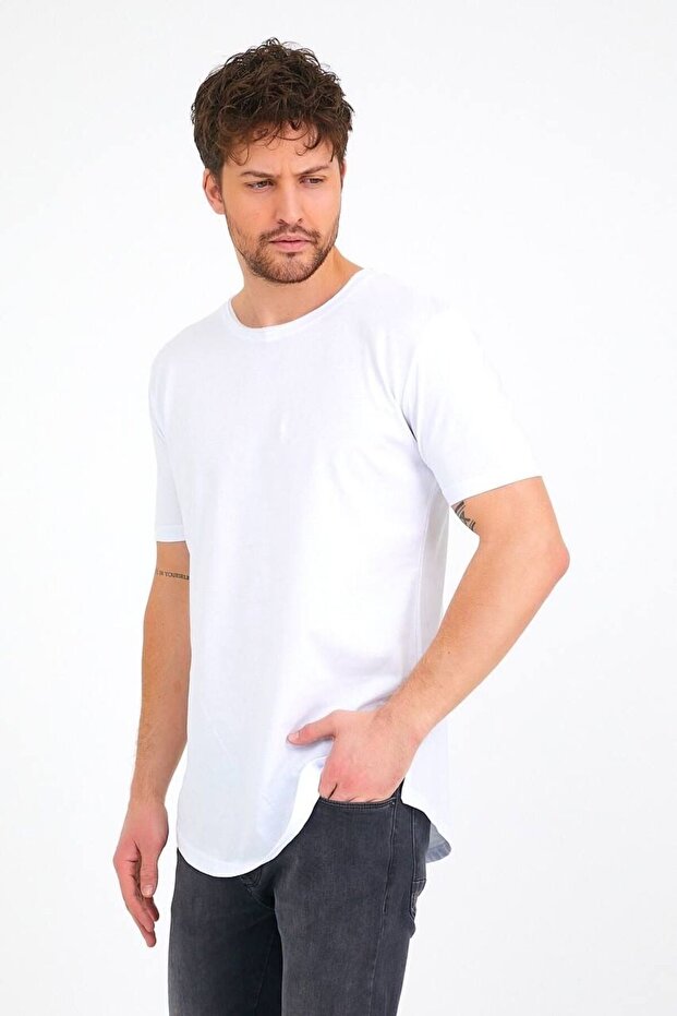 BasicLab %100 Pamuk Basic Yırtmaçlı T-Shirt - Beyaz - 2