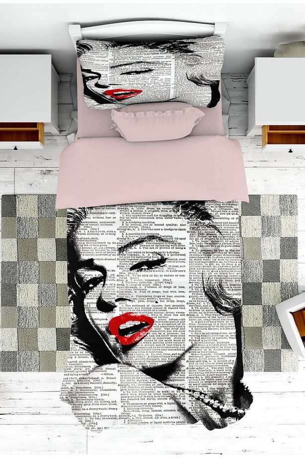Modern Genç Odası Marilyn Monroe Desenli Yatak Örtüsü ve Yastık Kılıfı Pike - 1