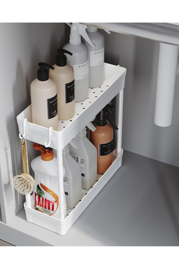 ATA HOME Rafata Çok Amaçlı 2 Katlı Evye Altı Düzenleyicisi Askılı Banyo Düzenleyici Dolap İçi Organizer Raf