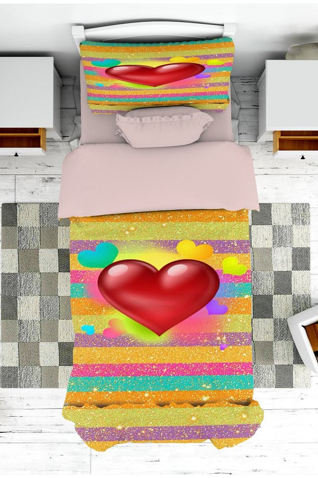Glitter Heart Patterned Young Children's Bedspread and Pillowcase Pique