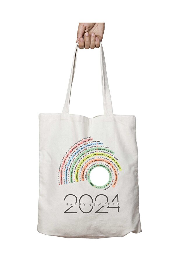 Happy New Year Calendar Two-Sided Permanent Printed Washable School Beach Shoulder Tote Bag