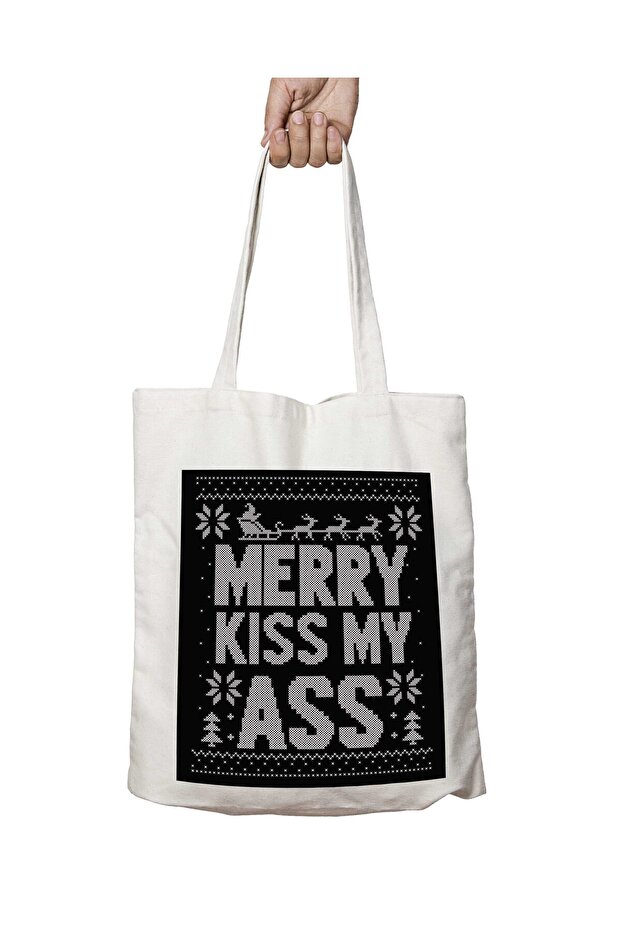 Merry Kiss My Ass Christmas Knit Pattern Washable Bag with Permanent Printing on Both Sides