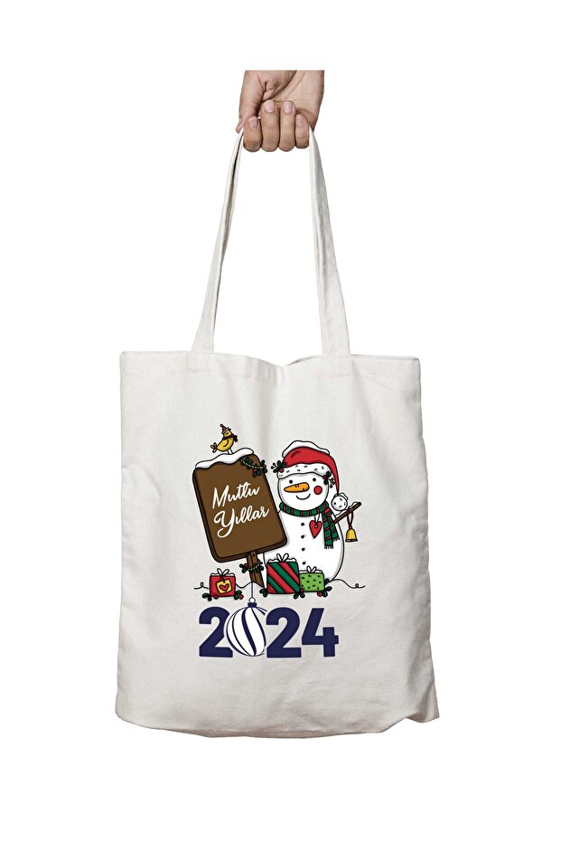 2024 Happy New Year Snowman Signage on Two Sides Permanent Printed Washable Bag