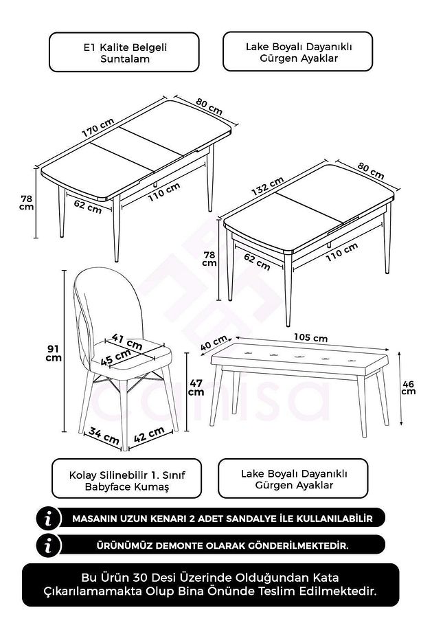Rut Serisi Açılabilir 80x132 Beyaz Masa Ceviz Ayak Mutfak Masası Takımı 4 Capucino Sandalye 1 Bench - 7