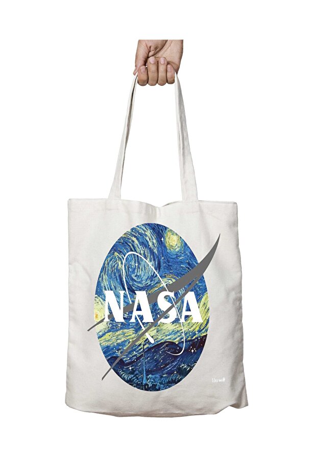 Van Gogh and Nasa Logo Two-Sided Permanent Printed Washable School Beach Shoulder Tote Bag
