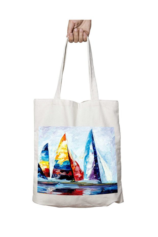 Colorful Sailing Ships Two-Sided Permanent Printed Washable School Beach Shoulder Tote Bag