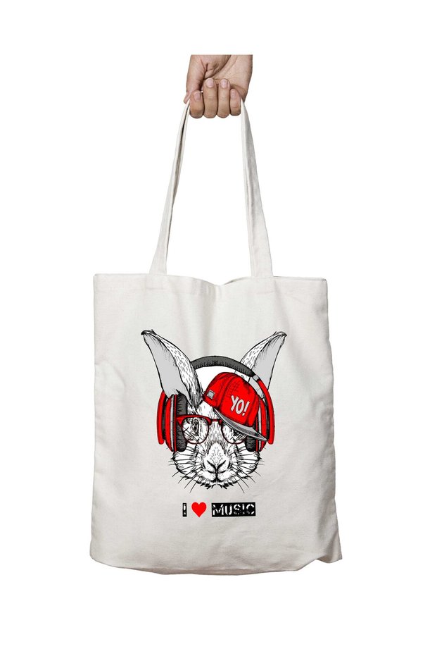 Music Rabbit, the Rabbit Listening to Music, Two-Sided Permanent Printed Washable School Beach Shoulder Tote Bag