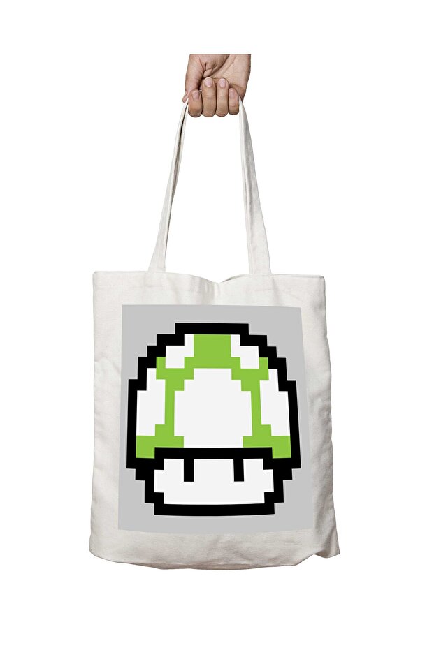 Super Mario Mushroom Green White Two-Sided Permanent Printed Washable School Beach Shoulder Tote Bag