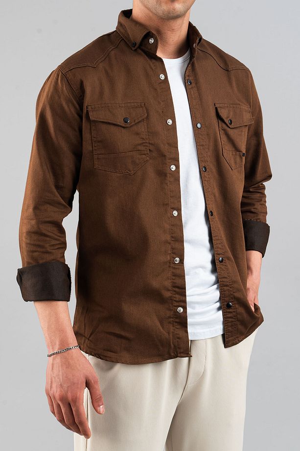 Slim Fit Erkek Pamuklu Kot Gömlek Bakır - 3