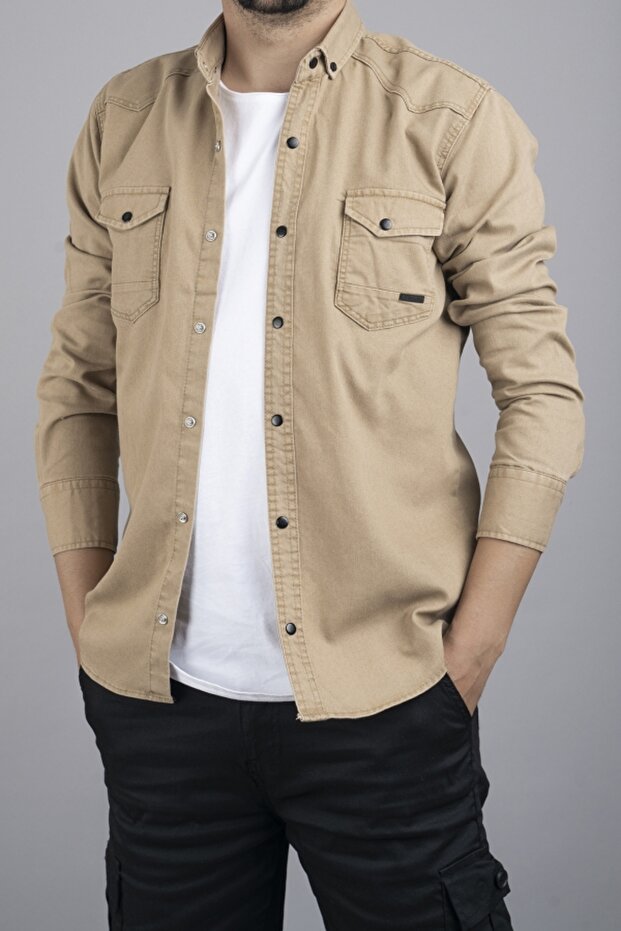 Slim Fit Men's Cotton Denim Shirt Beige