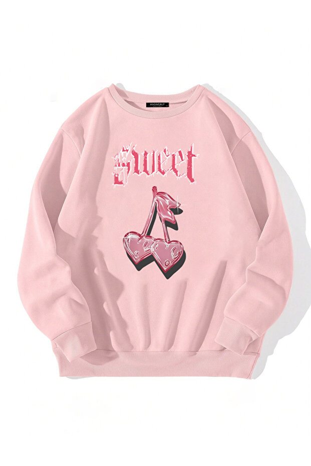 Unisex Sweet Cherry Printed Oversize Fleece Sweatshirt