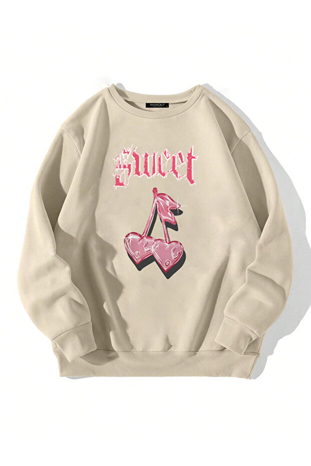 Unisex Sweet Cherry Printed Oversize Fleece Sweatshirt
