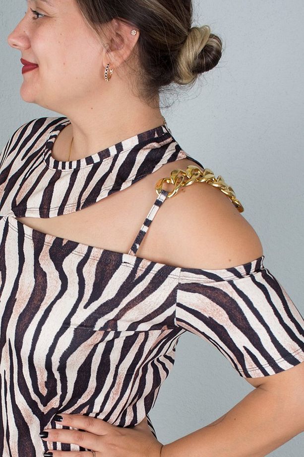 Büyük Beden Mikro Kumaş Tek Omuz Detay Elbise Zebra - 6