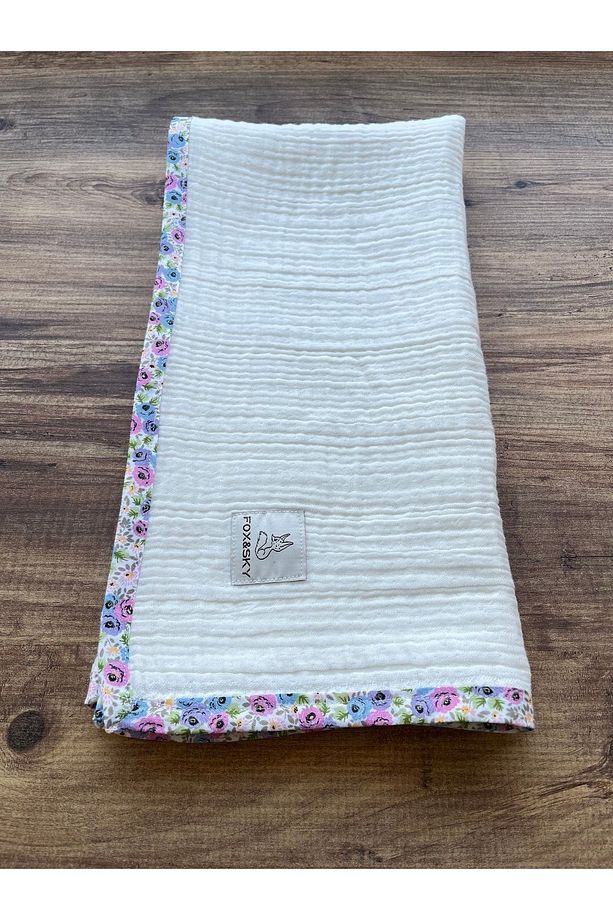 4 Katlı Müslin %100 Organik Pamuk Bebek Battaniyesi – Ekru & Çiçek Desenli Biye – 80x80 Cm - 5