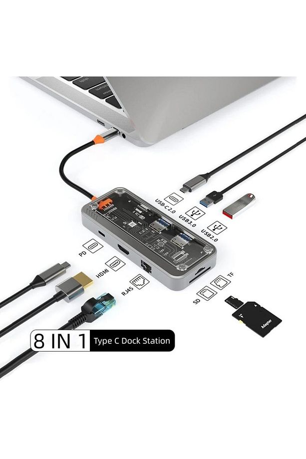 MT55 Mac ile Uyumlu Thunderbolt 3 Type-C USB Adaptör Hub 8in1 4K HDMI RJ45 100Mbps SD Kart Okuyucu - 1