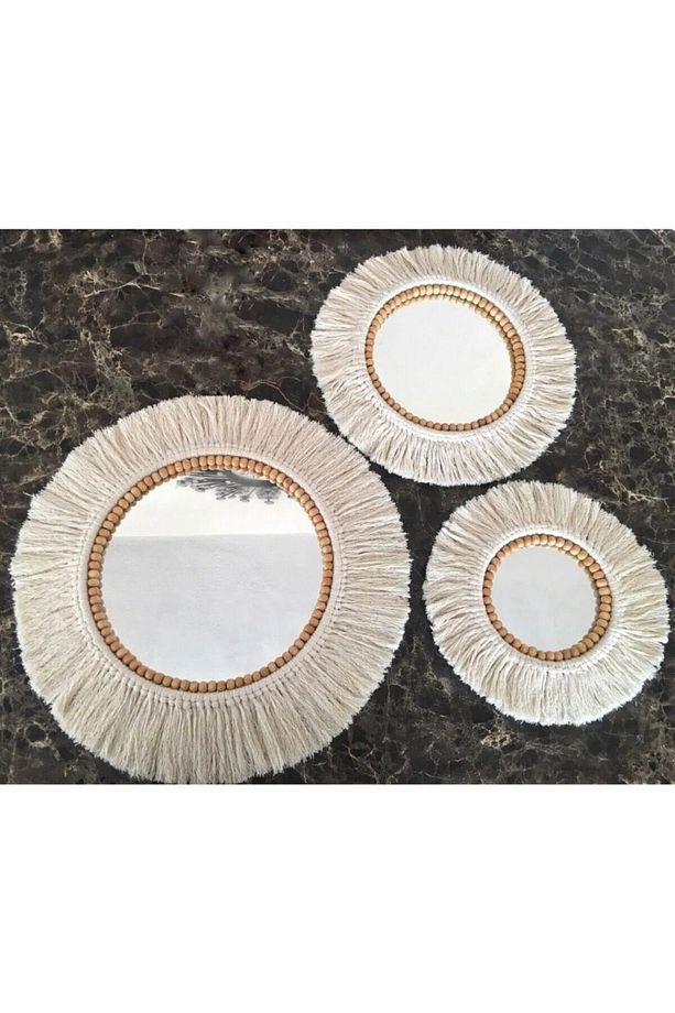 Boho Aynası Yumuşak Makrome Ayna Beyaz Duvar Dekoru 3'lü Set - 2