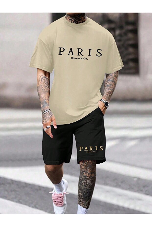 Paris Romantic T-Shirt Combed Cotton Shorts - Beige Black Shorts T-Shirt Set Printed Oversize Crew Neck