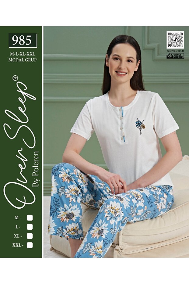 Ecru Short Sleeve Pajama Set - Over Sleep ButtoneD PatterneD - 1