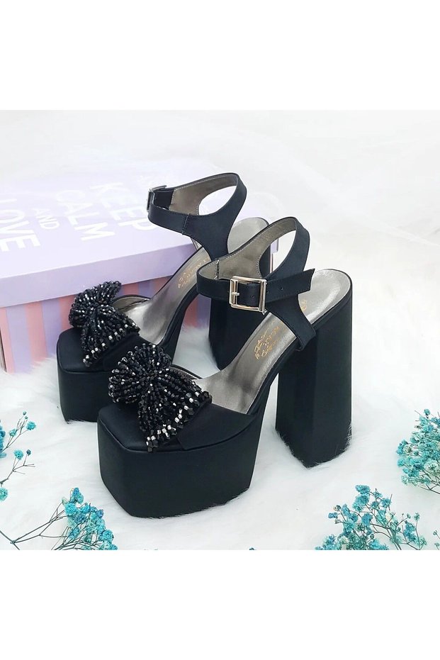 16 cm High Heeled Women's Black Satin Evening Dress Shoes with Low Slope Platform and Bow Detail