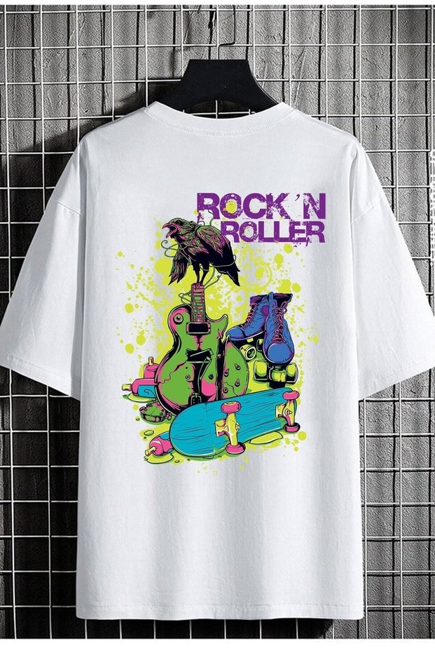 Men's Oversize Loose Cut White Color T-shirt Rock'n Roller Printed