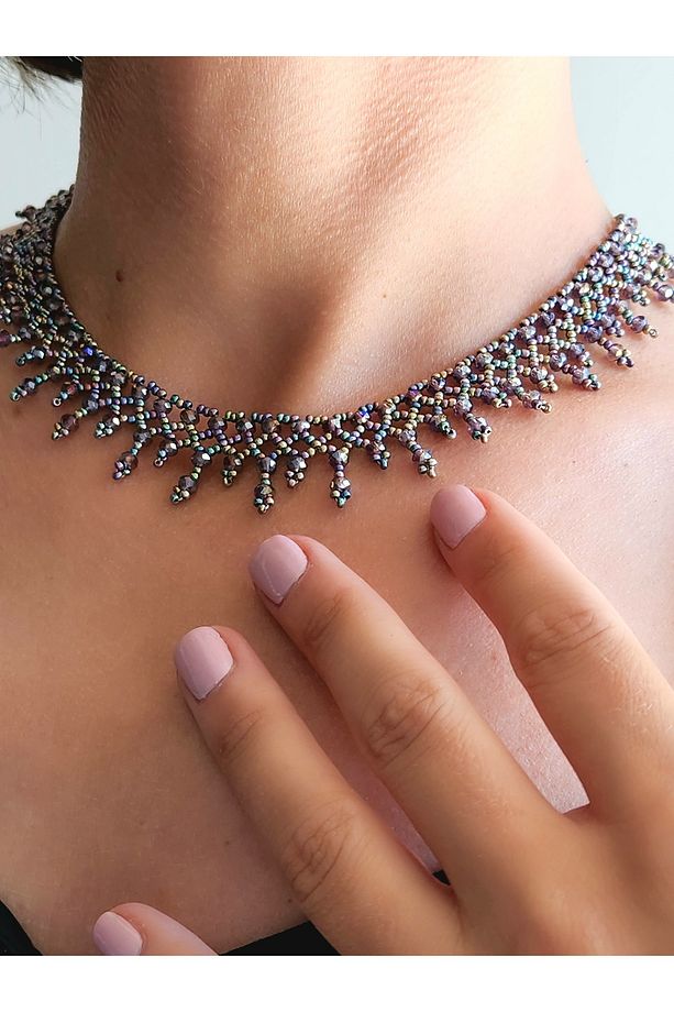 Etnik Bohem Mor Pembe Rengarenk Salkım Model Kum Kristal Boncuk Kolye El Yapımı - 2