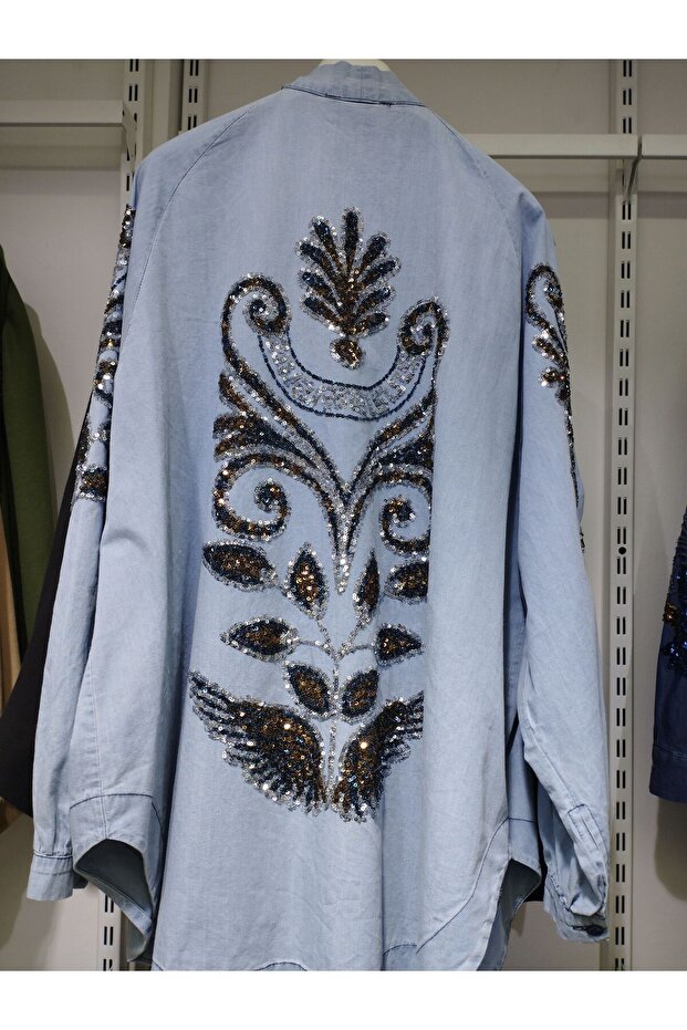 Embroidered denim kimono