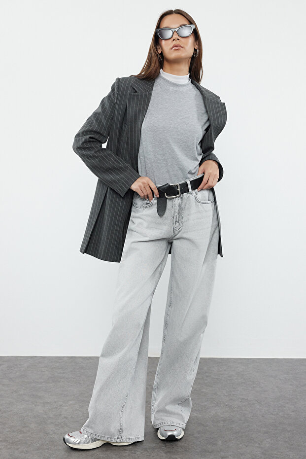 Gri Yüksek Bel Ekstra Geniş Paça Wide Leg Palazzo Geniş Paça %100 Pamuk Jeans TWOAW25JE00102 - 2