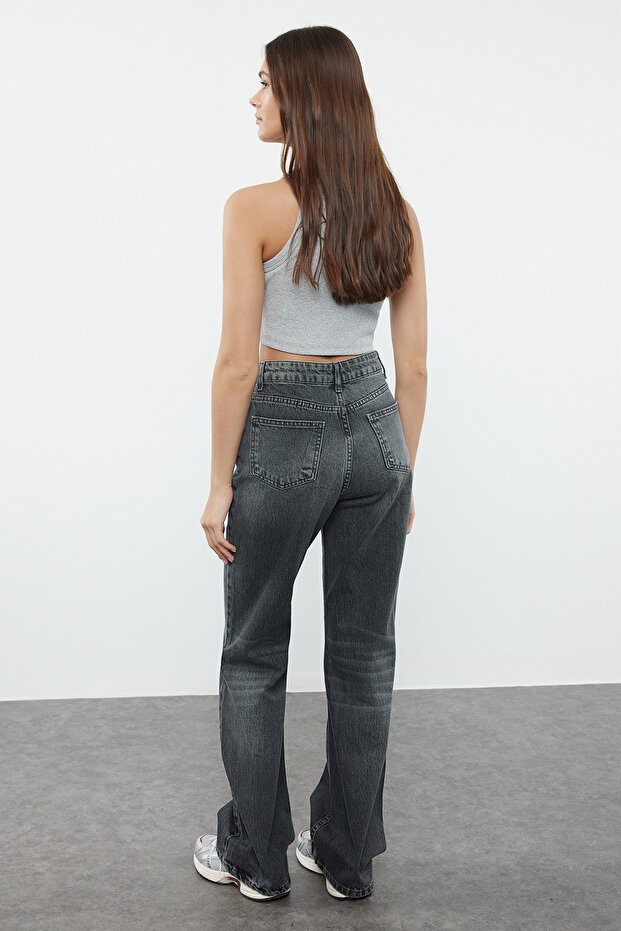 Antracytowe jeansy z wysokim stanem i szerokimi nogawkami TWOAW25JE00101 - 5